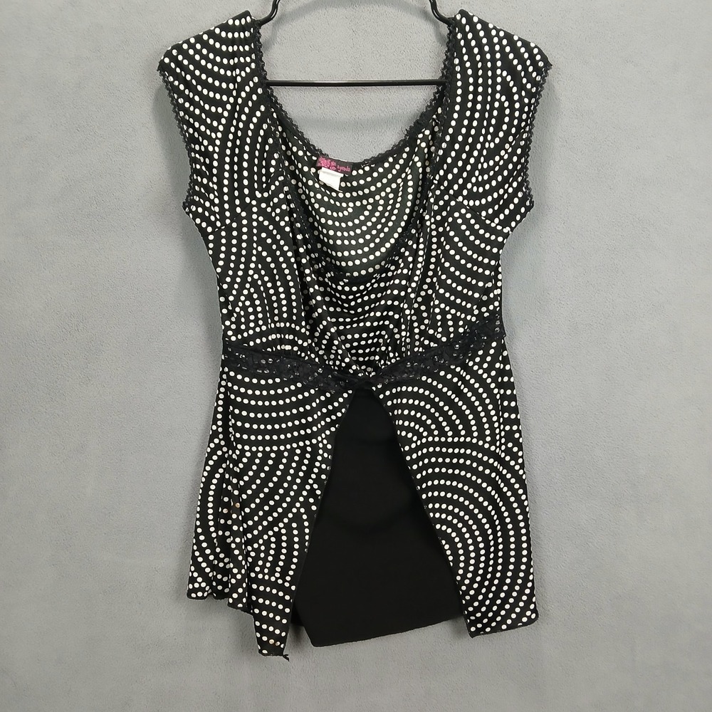 Agenda Blouse Top Womens Large Black‎ White Swirl Polka Dot Lace Trim Front Slit